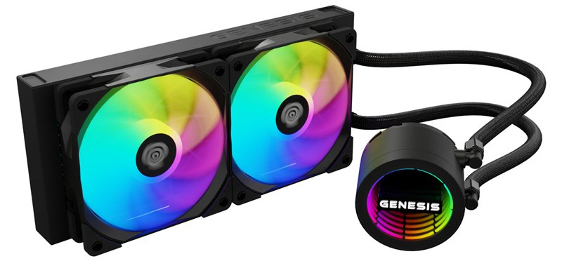 Vodný chladič Genesis HYDRIA 240 ARGB čierny Na obrázku je čierny vodný chladič procesora Genesis Hydria 240 ARGB. Tvorí ho úzky radiátor s dvoma veľkými ventilátormi s dúhovým RGB podsvietením a okrúhla pumpa s nápisom Genesis a farebným svetelným kruhom. Radiátor a pumpu spájajú dve čierne opletené hadice. Celok pôsobí moderne, herne a výrazne.