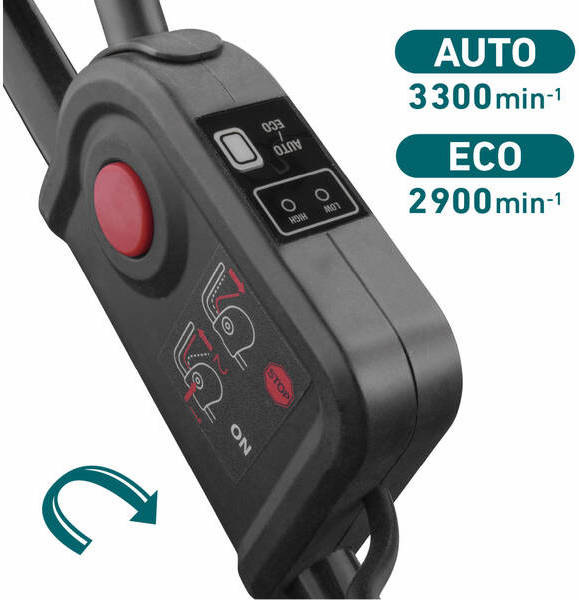 Kosačka EXTOL Industrial 8791902 (s baterií) Ovládací panel aku kosačky EXTOL Industrial s tlačidlom štartu a prepínačom režimov ECO 2900 ot./min a AUTO 3300 ot./min