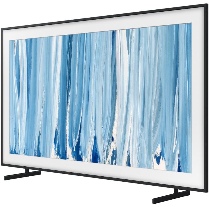 Televízor Samsung The Frame Pro QE75LS03HW Televízia Samsung The Frame Pro QE75LS03HW s modrým umeleckým obrazom, pohľad na mierne naklonenú televíziu