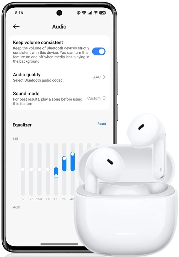 Slúchadlá Xiaomi REDMI Buds 8 Active modrá Ukážka nastavenia ekvalizéra v mobilnej aplikácii pre bezdrôtové slúchadlá REDMI Buds 8 Active