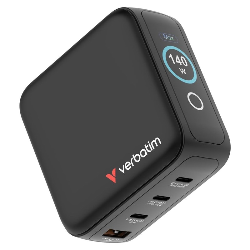 Verbatim Mini GaN LCD, 3× USB-C PD 140 W, 1× USB-A QC 3.0, čierna