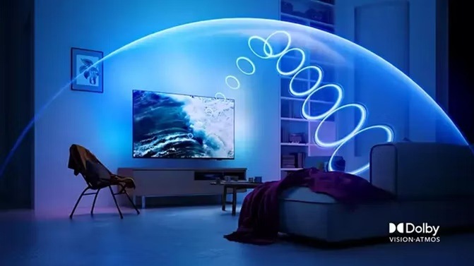 Televízor Philips 65OLED951 Televízia Philips OLED951 v obývacej izbe, grafické znázornenie priestorového zvuku Dolby Atmos