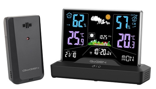 Meteorologická stanica GoGEN ME 2000 čierna Bezrámčeková meteostanica GoGEN ME 2000 s podstavcom a čidlom, zobrazujúca namerané hodnoty