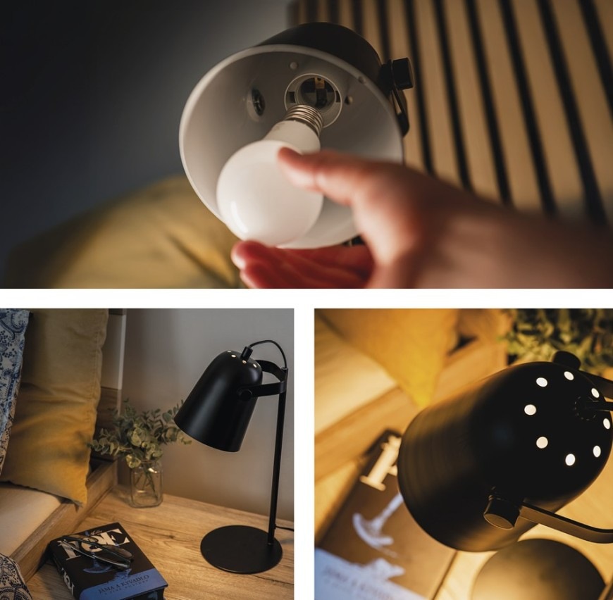 Stolná lampa EMOS Nina, max. 25 W, žiarovka E27, IP20 čierna Koláž fotografií stolnej LED lampičky EMOS Nina v čiernom prevedení
