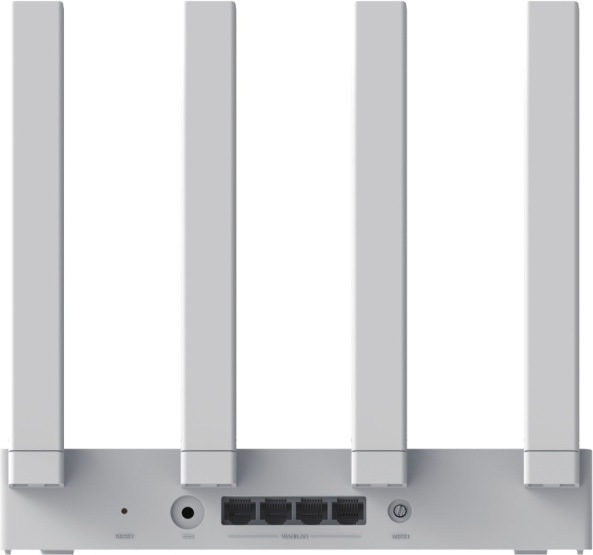 Router Xiaomi AX3000T biely Zadný pohľad na biely router Xiaomi AX3000T so štyrmi vysokými anténami. Uprostred sú štyri sieťové LAN/WAN porty, vľavo napájací konektor a resetovací otvor, vpravo tlačidlo Mesh.