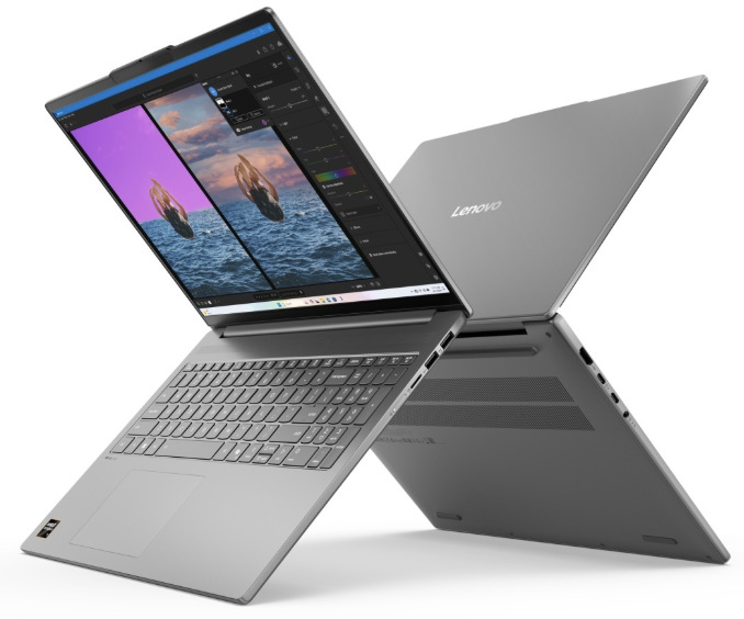 Dva notebooky Lenovo IdeaPad Slim 5 s pohľadom na displej, veko a spodnú časť
