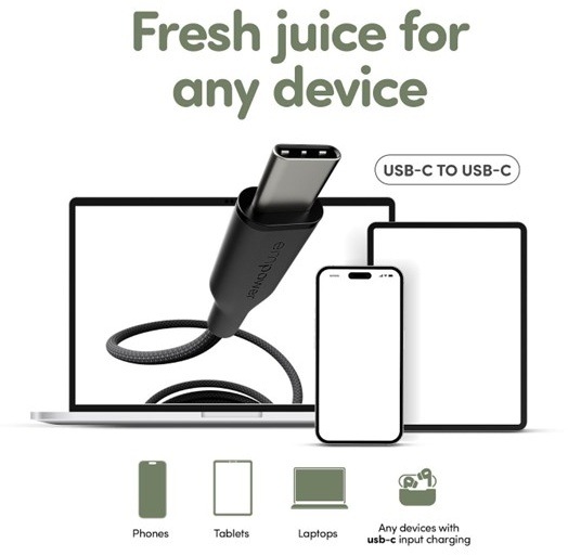 Znázornenie kompatibilných zariadení s nabíjačkou - telefón, tablet, laptop.