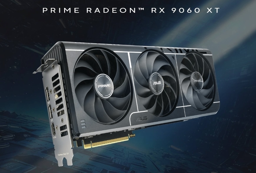 Asus Prime Radeon RX 9060 XT vystavená v futuristickom svetle, pripravená na plynulé hranie