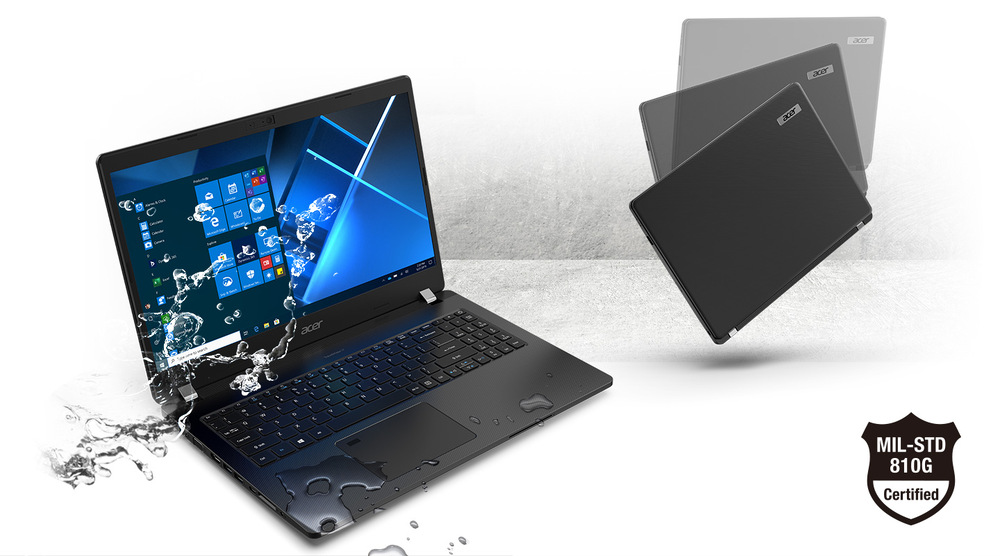 Notebook Acer TravelMate P2 14 (TMP214-56-TCO-32RF) strieborný Notebook s vodou vo svojom okolí a logom MIL-STD 810G v pravom dolnom rohu.