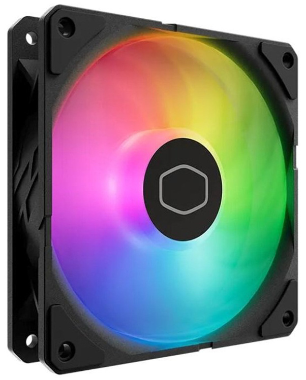 Na obrázku je ventilátor Cooler Master SickleFlow Edge 120 ARGB, PWM – počítačový skriňový ventilátor v tvare čierneho štvorcového rámčeka so štyrmi montážnymi otvormi v rohoch. Vnútri sú priesvitné lopatky, ktoré sú nasvietené dúhovými farbami (ARGB), takže ventilátor vyzerá ako farebný kruh. Uprostred je okrúhly čierny stred s logom az neho vedú ramená k rámčeku. Ventilátor je vyfotený mierne z boku, takže je vidieť aj jeho hĺbka.