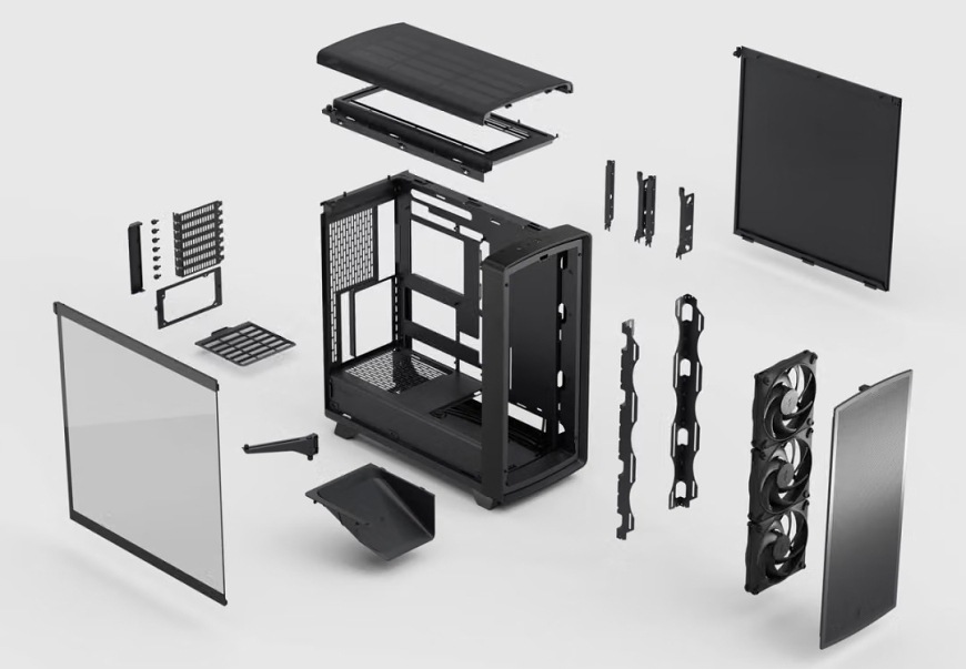 Case FRACTAL DESIGN Summit Blackout TG Light Tint čierna Rozložená konštrukcia skrine FRACTAL DESIGN Summit Blackout TG Light Tint s panelmi, ventilátormi, držiakmi a filtrami
