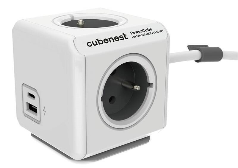 Kábel predlžovací Cubenest Powercube Extended USB PD 20W, USB, USB-C, 4x zásuvka, 1,5m sivý/biely