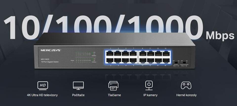 Switch Mercusys MS116GS, 16 port, Gigabit čierny