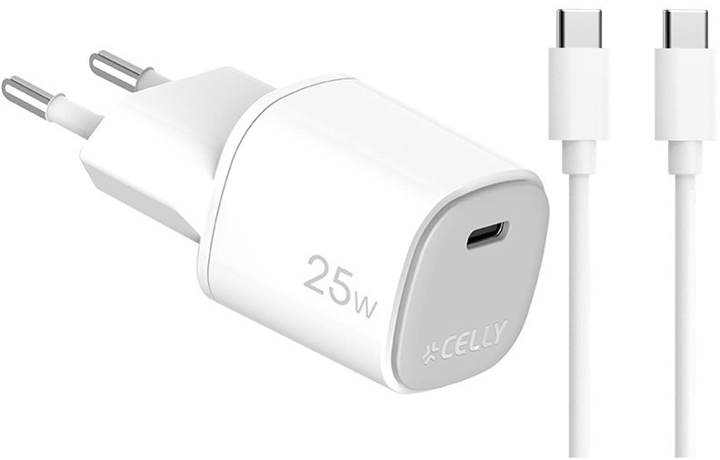 Nabíjačka do siete Celly 1x USB-C GaN, 25 W + USB-C kábel - biela