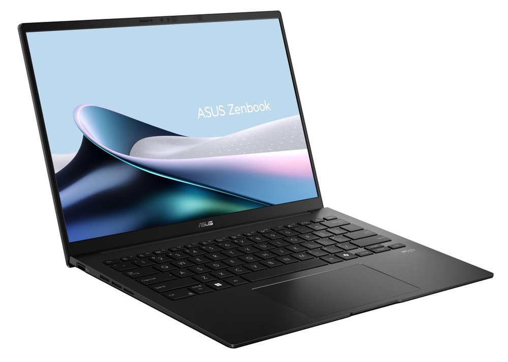 Notebook Asus Zenbook 14 OLED modrý Otvorený a zapnutý notebook Asus Zenbook 14 natočený doprava