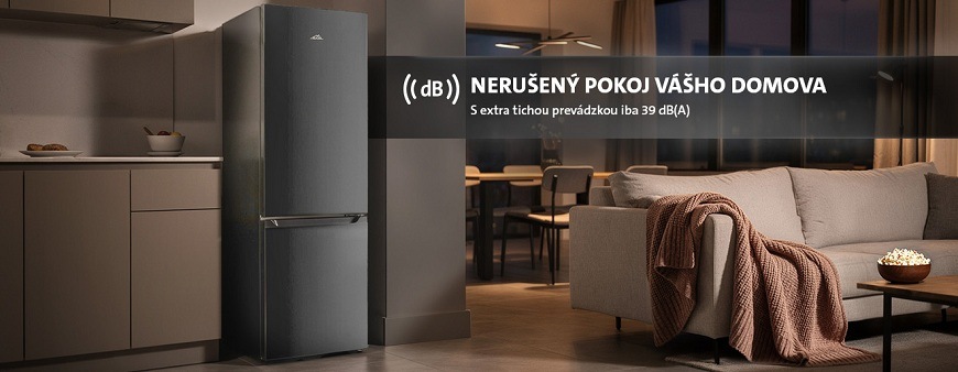 Nerezová kombinovaná chladnička ETA 2750 v modernom otvorenom interiéri vedľa obývacej izby s pohovkou. Text: Nerušený pokoj vášho domova – s extra tichým chodom iba 39 dB(A) Nerezová kombinovaná chladnička ETA 2750 v modernom otvorenom interiéri vedľa obývacej izby s pohovkou. Text: Nerušený pokoj vášho domova – s extra tichým chodom iba 39 dB(A)