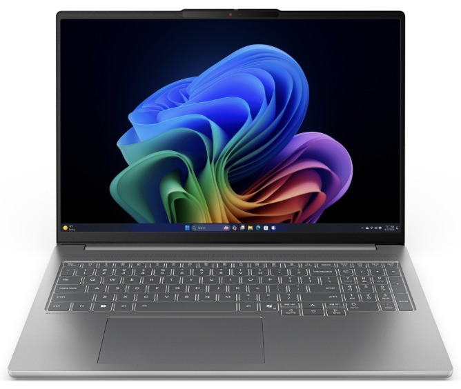 Sivý notebook Lenovo IdeaPad Pro 5 16IAH10 s 16" OLED displejom pri pohľade spredu