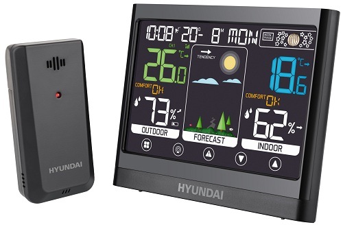 Meteostanica Hyundai WS 2450 zobrazujúca namerané hodnoty so senzorom umiestneným vedľa