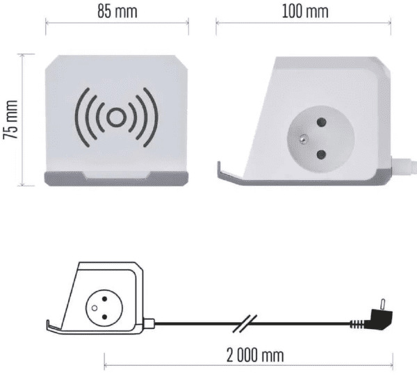 Kábel predlžovací EMOS kocka, 2x zásuvka, 2×USB-A + 1×USB-C+ bezdrôtové nabíjanie, 2m biely