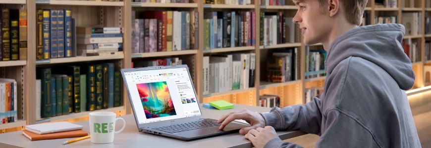 Mladý muž v knižnici pracujúca na notebooku Acer Aspire 14 AI