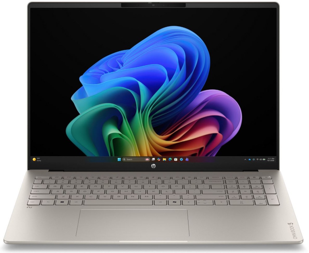 Notebook HP OmniBook 5 16-bp0001ncx + Game Pass předplatné na 2 měsíce béžový Notebook HP OmniBook 5 v čelnom pohľade s otvorenou obrazovkou