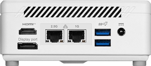 Zadný panel mini PC MSI Cubi 5 s HDMI, DisplayPortom, 2,5 Gb/sa 1 Gb/s LAN, dvoma USB-A a napájacím konektorom.