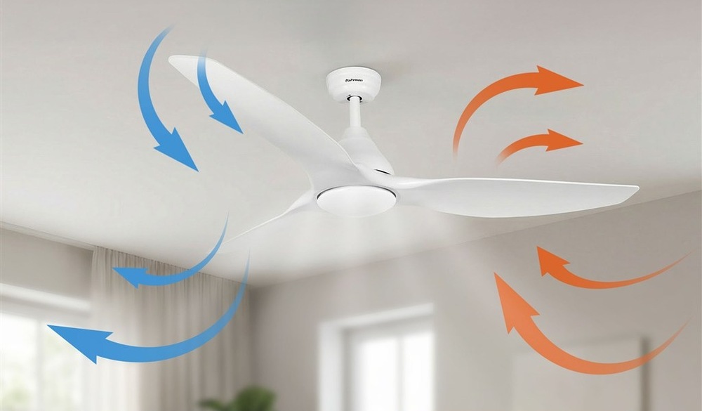 Stropný ventilátor Rohnson so znázornením cirkulácie vzduchu v lete aj v zime.