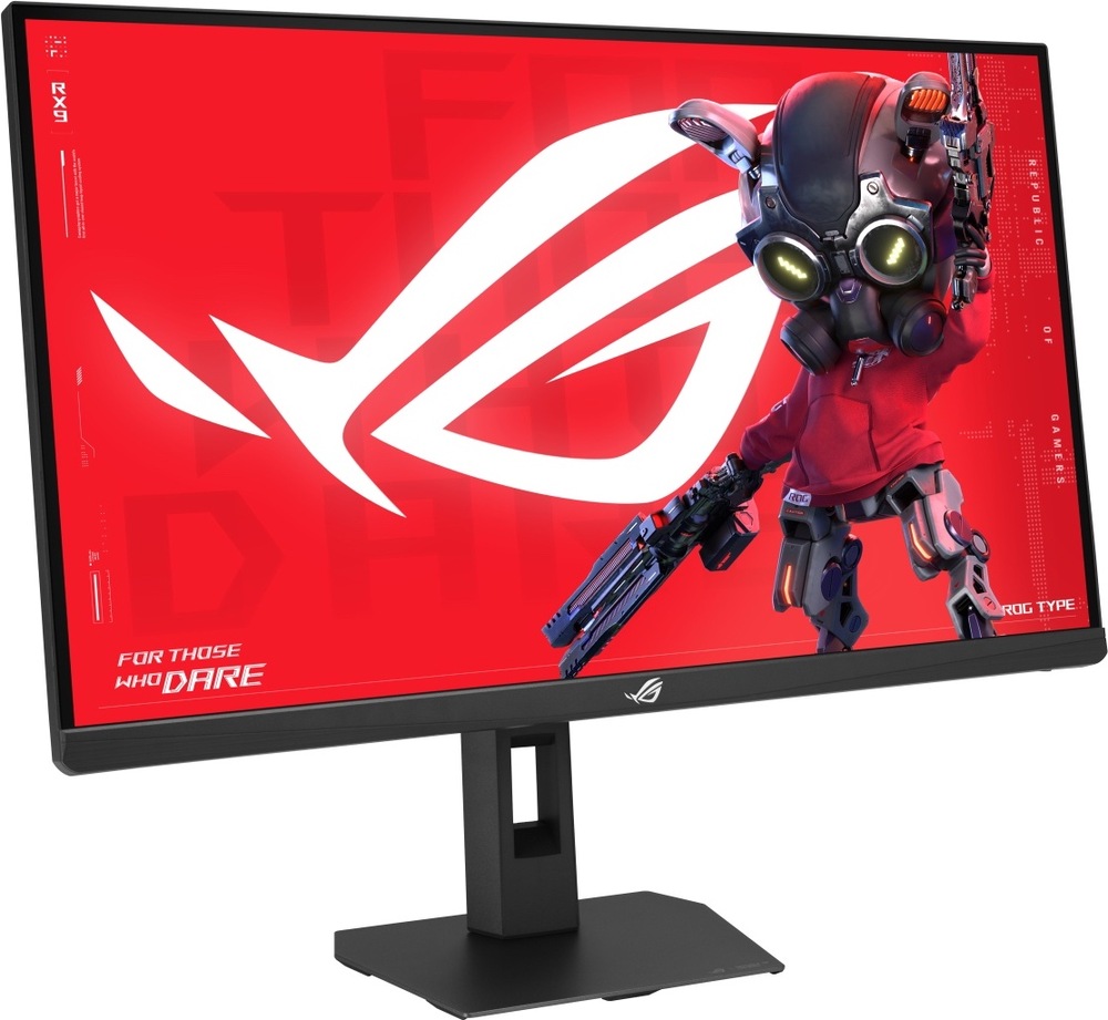 Herný monitor Asus ROG Strix XG27AQNGV čierny Na obrázku je herný monitor Asus ROG Strix XG27AQNGV 27" v čiernom prevedení z predného šikmého pohľadu. Monitor má tenký rámček, širokouhlú obrazovku a pevný výškovo nastaviteľný stojan s plochou hranatou základňou. Na displeji je výrazná červená herná grafika s veľkým bielym logom ROG. ROG av stojane je otvor pre vedenie káblov.