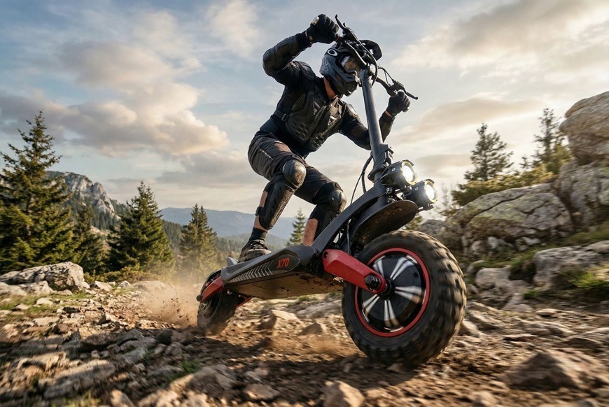 Elektrická kolobežka Sencor SCOOTER X70 čierna Elektrická kolobežka Sencor SCOOTER X70 pri dynamickej jazde v náročnom horskom teréne.