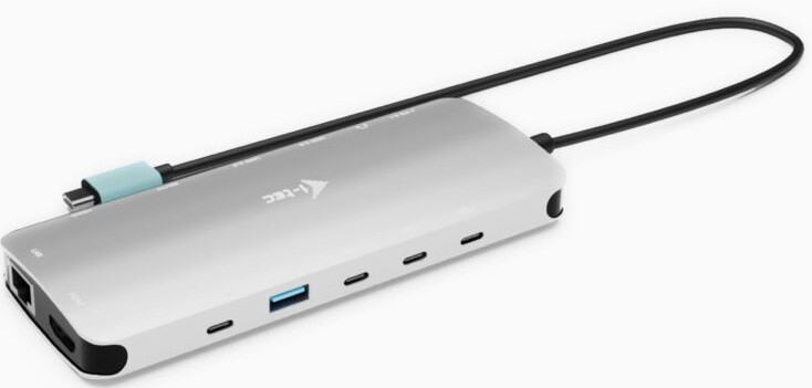 Dokovacia stanica i-tec USB-C Metal Nano 3x Display, 2x HDMI 1x USB-C video, PD 140W + Universal Charger 140 W strieborná farba Strieborná dokovacia stanica i-tec s integrovaným USB-C káblom a prednými portami USB-C a USB-A.