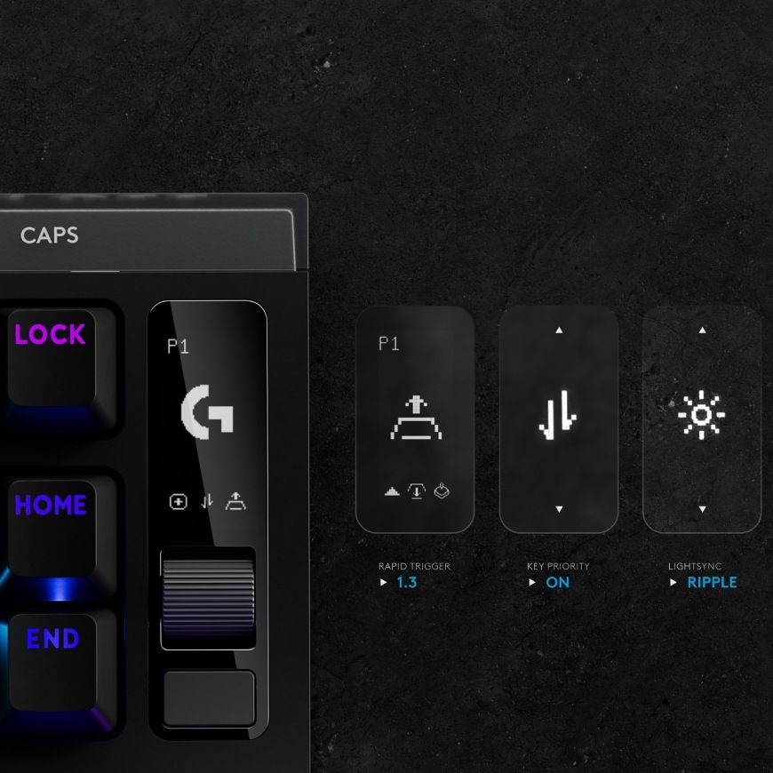 Detail ovládacieho panela klávesnice Logitech PRO X2 Rapid s displejom a nastavením funkcií