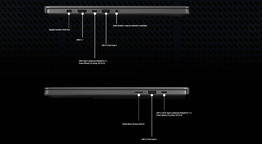 Notebook videný z oboch strán na tmavom pozadí zobrazujú rôzne porty, vrátane HDMI, USB-C, USB-A a audio. Textové popisy špecifikujú typy portov.