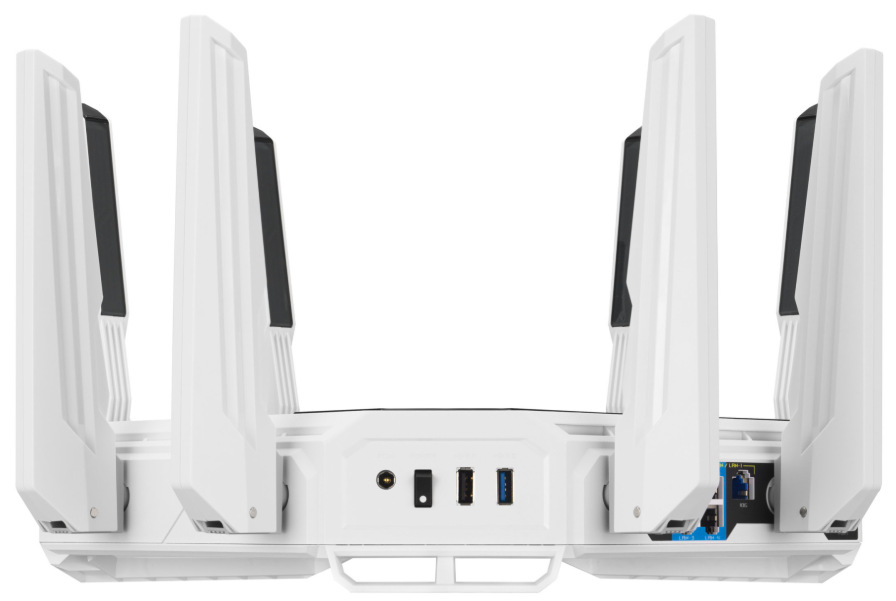 Router Asus ROG Rapture GT-BE19000AI biely Bočná strana routera ASUS ROG Rapture GT-BE19000AI s USB portami a napájaním