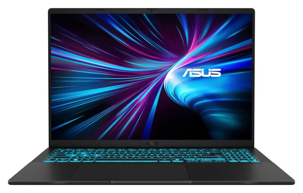 Notebook Asus V16 čierny Otvorený a zapnutý notebook Asus V16