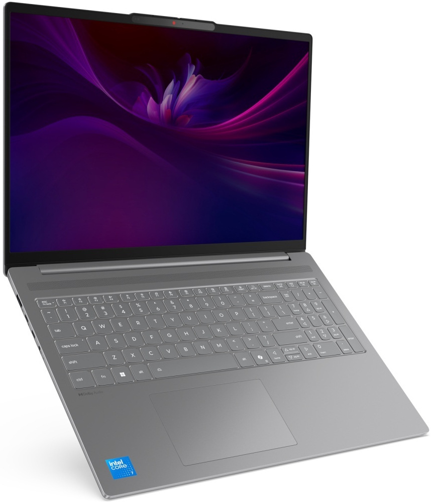 Notebook Lenovo IdeaPad Slim 5 16IMH10 sivý Pohľad šikmo zo strany na laptop Lenovo IdeaPad Slim 5 s ostrým, priestranným displejom