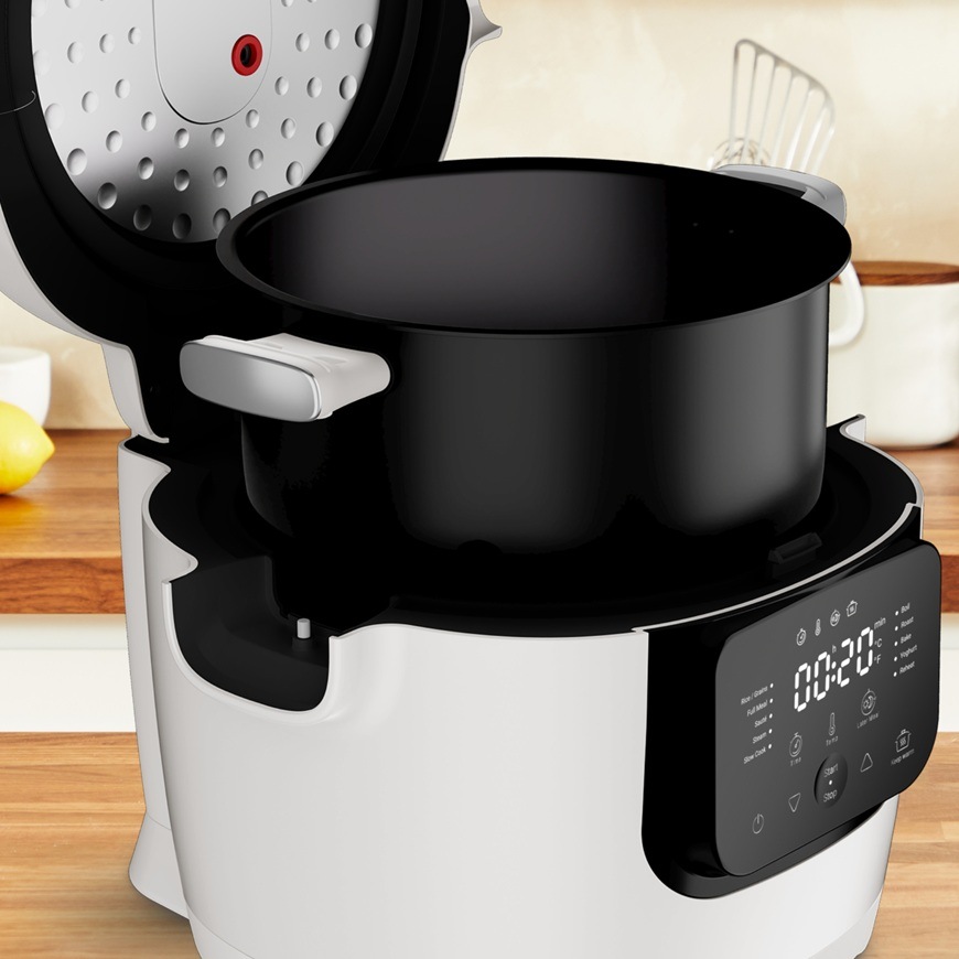 Otvorený multifunkčný hrniec Tefal MY700BF0 Multicook s vyberateľnou nepriľnavou nádobou je pripravený na varenie v modernej kuchyni.