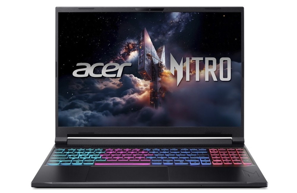 Notebook Acer Nitro V 16S (ANV16S-71-9375) čierny Otvorený a zapnutý notebook Acer Nitro V 16S (ANV16S-71-9375) spredu