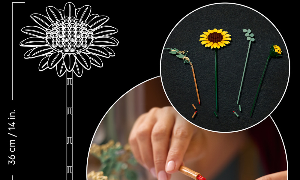 Stavebnica LEGO® Botanicals 11502 Kytice slunečnic Nastaviteľné okvetné lístky a stonky umožňujú meniť aranžmán, zatiaľ čo eukalyptus dodáva kontrast.