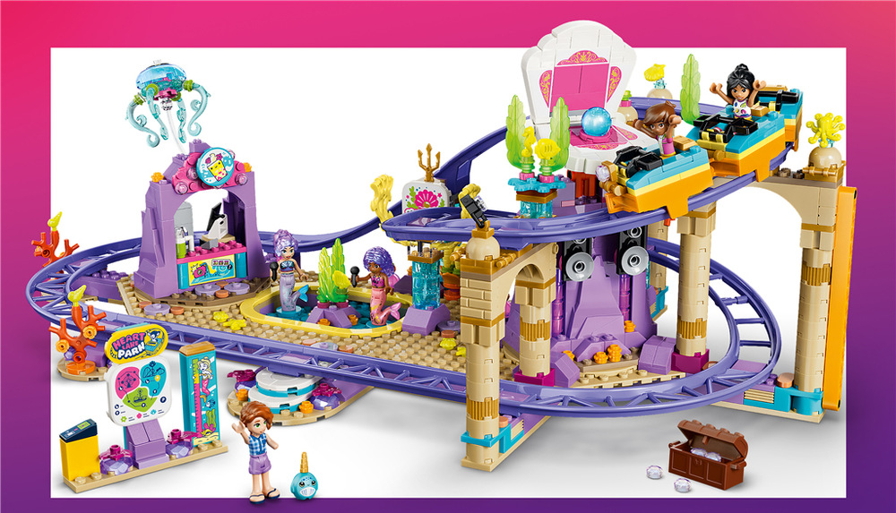 Stavebnica LEGO® Friends 42703 Jazda na horskej dráhe s morskými vílami Vďaka 3D návodu v LEGO Builder deti zostavia veľkú horskú dráhu a pripravia ju na ďalšie jazdy.