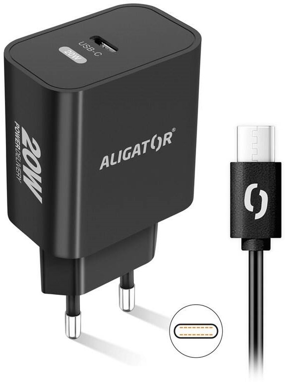 Nabíjačka do siete Aligator Power Delivery 20W, USB-C + USB-C kábel čierna