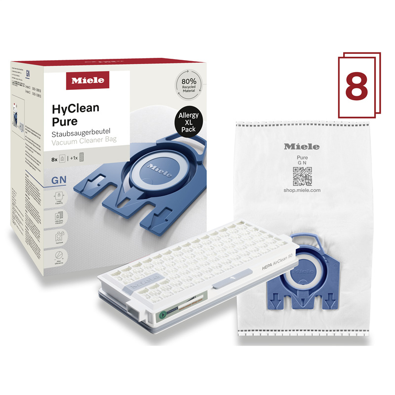 Vrecká do vysávača Miele Allergy XL HyClean Pure GN má v balení 8 ks prachových vreciek a 1 ks HEPA filter.