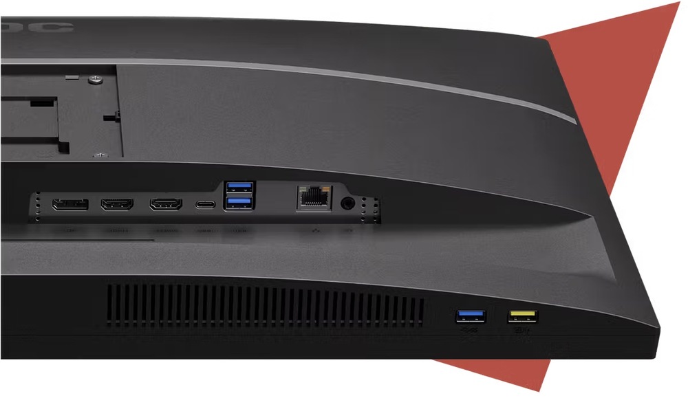 Monitor AOC U27E4CV čierny Detail zadnej strany monitora AOC U27E4CV s portami HDMI, DisplayPort, USB-C, USB rozbočovačom a LAN konektorom
