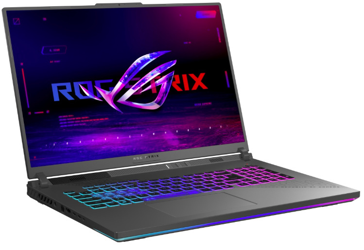 Notebook Asus ROG Strix G18 sivý Herný notebook Asus ROG Strix G18 z bočného pohľadu s RGB podsvietenou klávesnicou