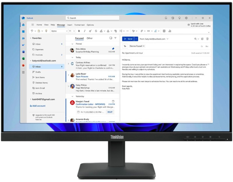 Čierny monitor Lenovo ThinkVision S24-4e s 23,8 palcovým IPS displejom a stojanom