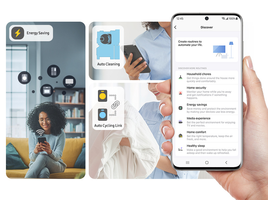 Sušička bielizne Samsung DV90DG52A0ABLE čierna Koláž fotografií - žena používajúca mobil, aplikácia SmartThings na mobilnom telefóne