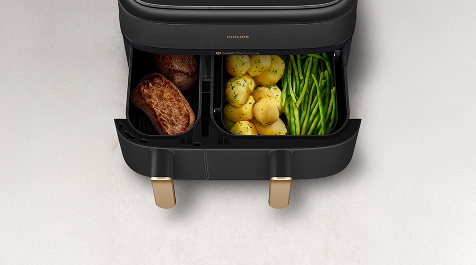 Fritéza teplovzdušná Philips NA552/00 Airfryer dual basket s parou 9 l, čierna