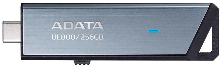 USB flashdisk ADATA Elite UE800 256GB strieborný Detail kovového tela ADATA UE800 256GB s výsuvným USB-C konektorom a LED indikáciou