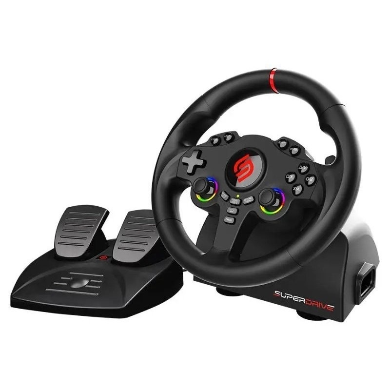 Súprava volantu a pedálov SUPERDRIVE 220 RS v čiernej farbe.