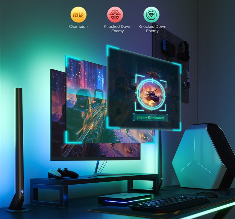 LED pásik Govee AI Sync Box Kit 2 Smart 27-34" + LED panely, 1,68 m čierny Herný setup s farebnými ikonami ilustrujúcimi zladenie pásky Govee AI Sync Box Kit 2 Smart s dejom hry