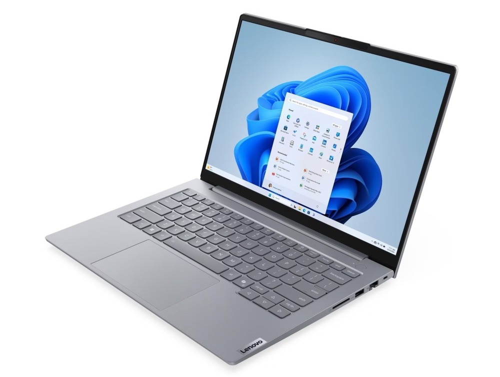 Notebook Lenovo ThinkBook 14 G9 AHP sivý Otvorený a zapnutý notebook Lenovo ThinkBook 14 G9 AHP otočený doľava